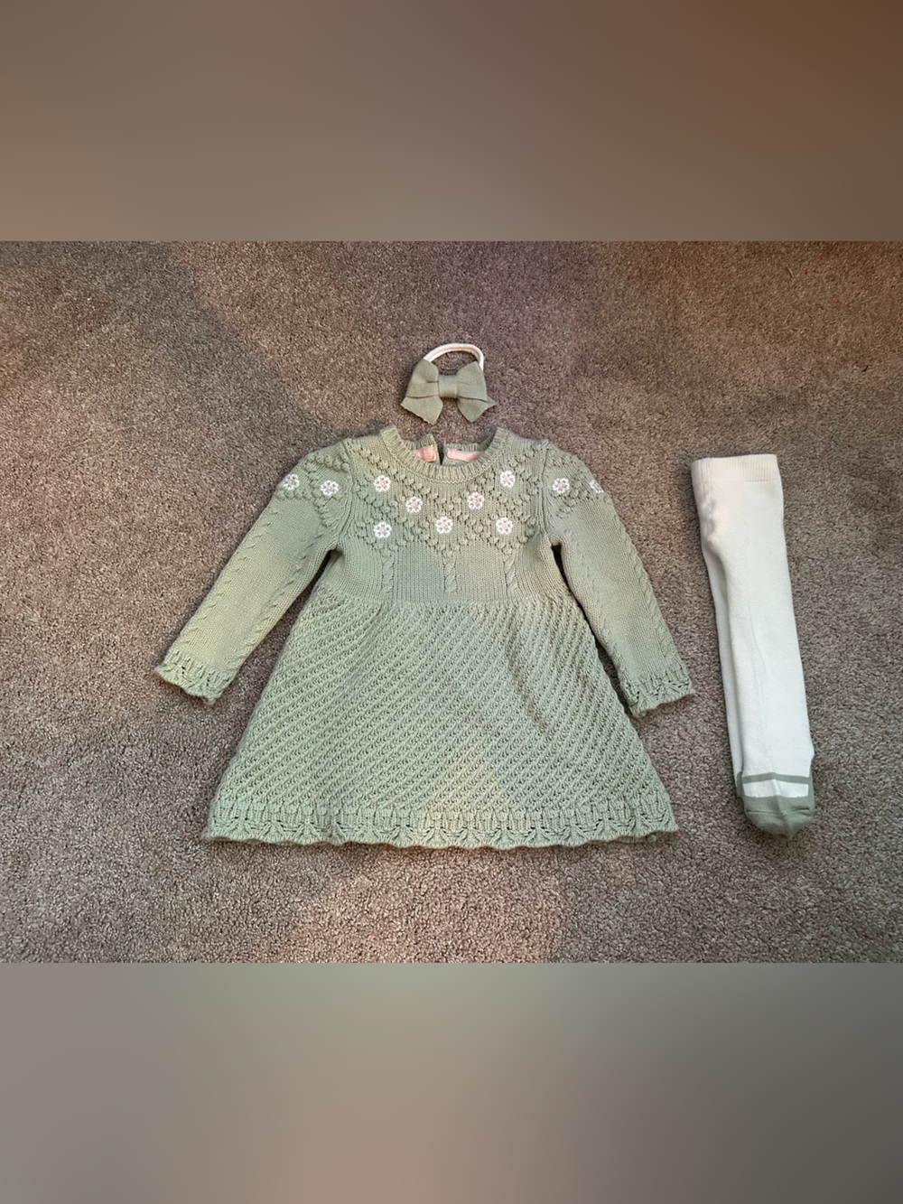 cupcakes & cashmere Sage Green Knit Floral Yoke Dress with Matching Headband